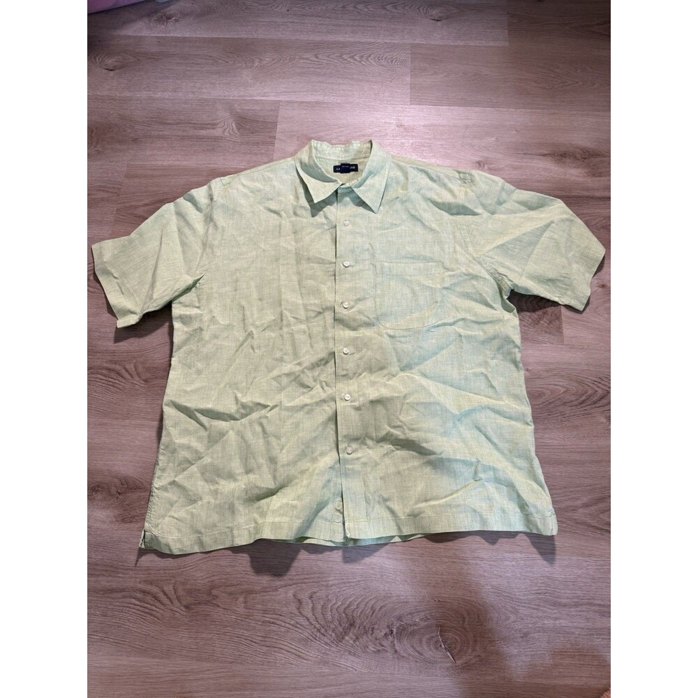 Lands End Shirt Mens Large Green Linen Short Sleeve Button Front Casual Summer